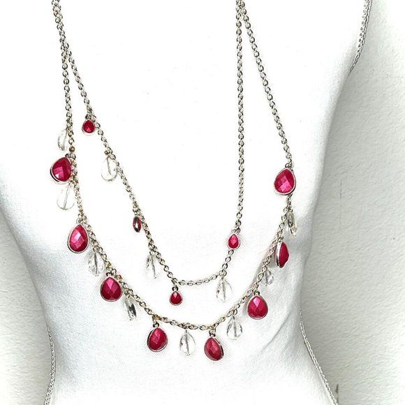 Red & Clear Teardrop Bead Multi Layered Statement Chain Necklace 35 inch - Picture 2 of 5